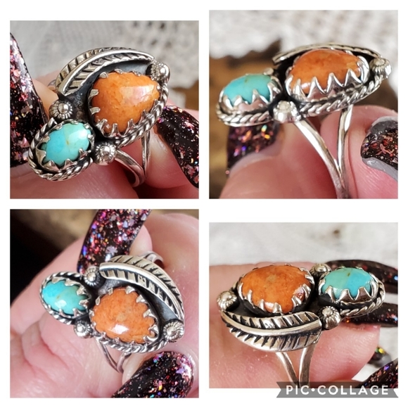 Genuine Coral & Blue Mojave Turquoise Ring 9.5 - Picture 4 of 7